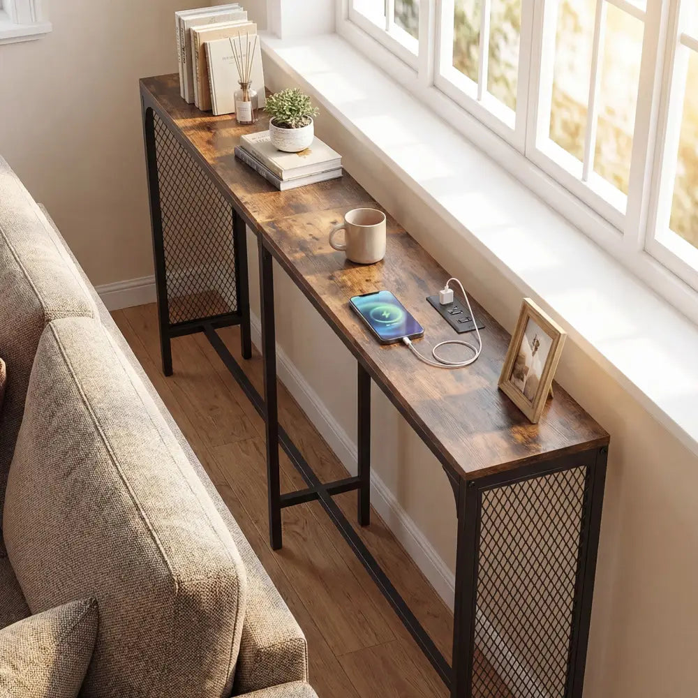 71 Inch Narrow Console Table with Power Outlet for Small Space-Rustic Brown - Rustic Brown - Console Tables
