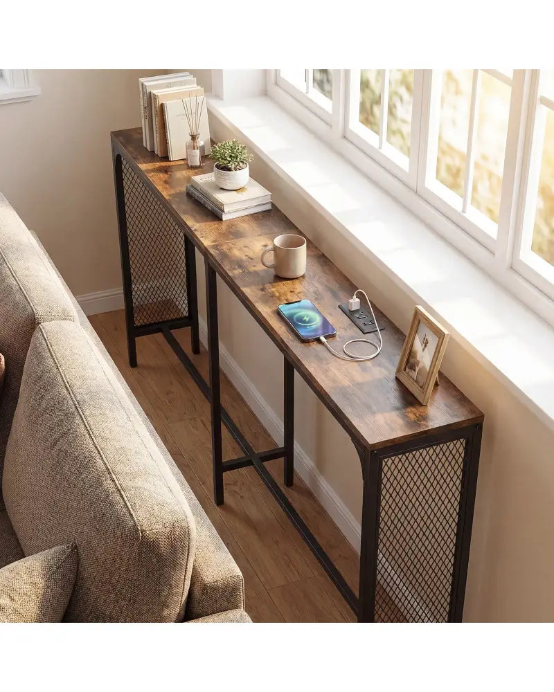 71 Inch Narrow Console Table with Power Outlet for Small Space-Rustic Brown - Rustic Brown - Console Tables