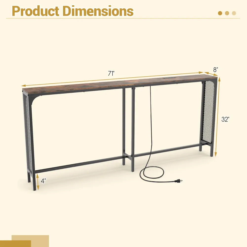 71 Inch Narrow Console Table with Power Outlet for Small Space-Rustic Brown - Rustic Brown - Console Tables