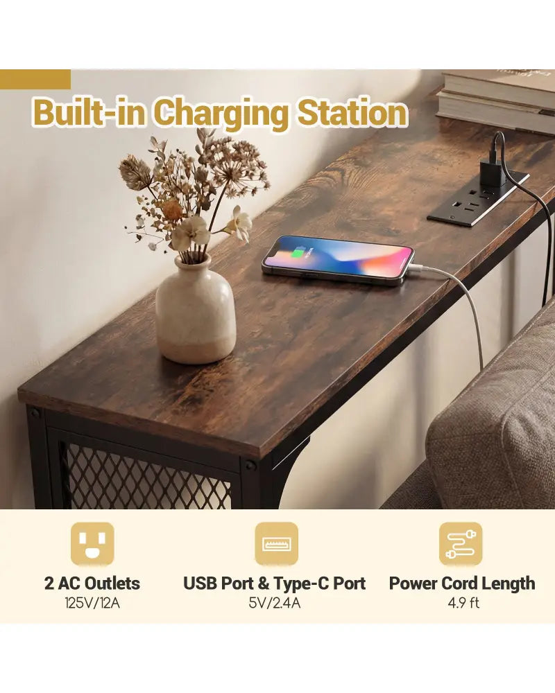 71 Inch Narrow Console Table with Power Outlet for Small Space-Rustic Brown - Rustic Brown - Console Tables
