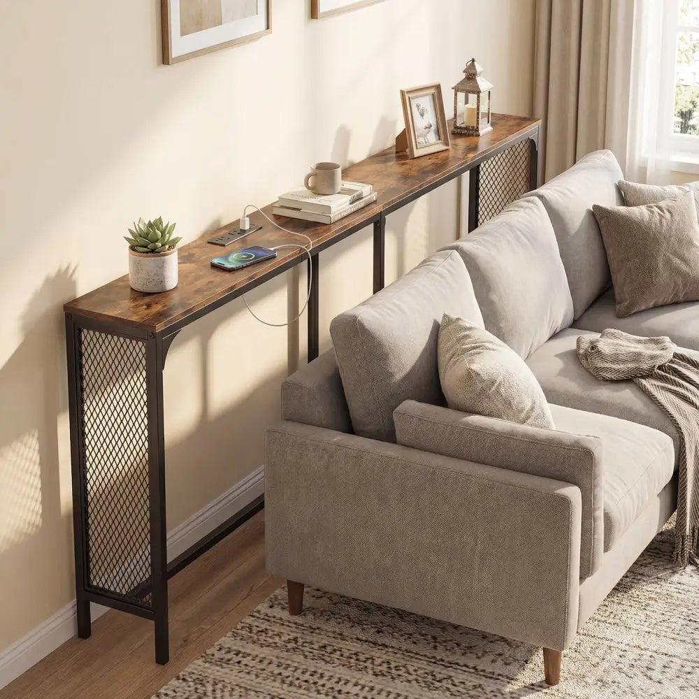 71 Inch Narrow Console Table with Power Outlet for Small Space-Rustic Brown - Rustic Brown - Console Tables