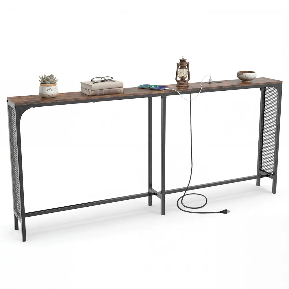 71 Inch Narrow Console Table with Power Outlet for Small Space-Rustic Brown - Rustic Brown - Console Tables