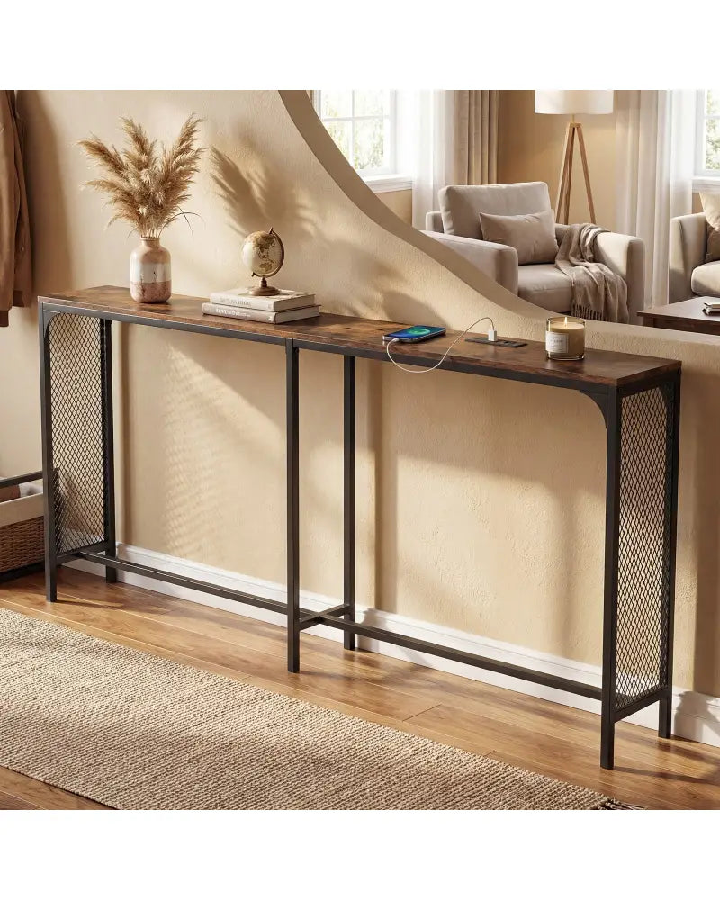 71 Inch Narrow Console Table with Power Outlet for Small Space-Rustic Brown - Rustic Brown - Console Tables