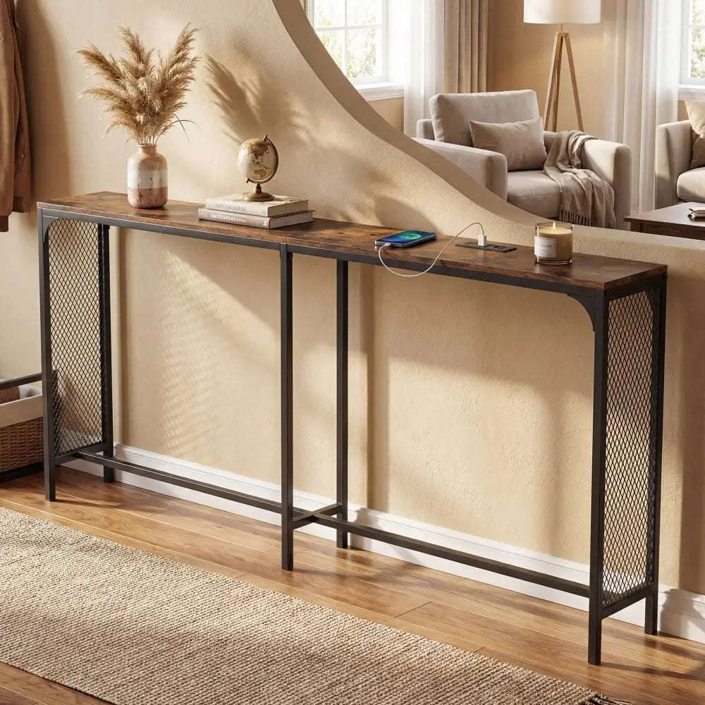 71 Inch Narrow Console Table with Power Outlet for Small Space-Rustic Brown - Rustic Brown - Console Tables