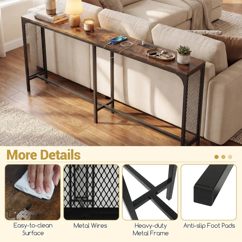 71 Inch Narrow Console Table with Power Outlet for Small Space-Rustic Brown - Rustic Brown - Console Tables
