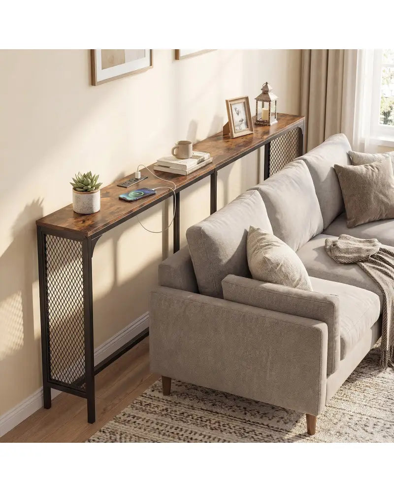 71 Inch Narrow Console Table with Power Outlet for Small Space-Rustic Brown - Rustic Brown - Console Tables