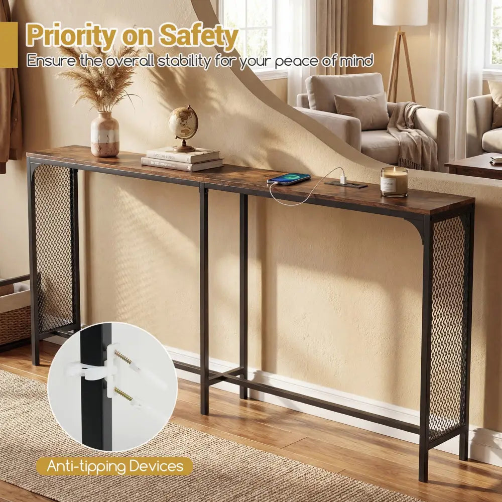 71 Inch Narrow Console Table with Power Outlet for Small Space-Rustic Brown - Rustic Brown - Console Tables