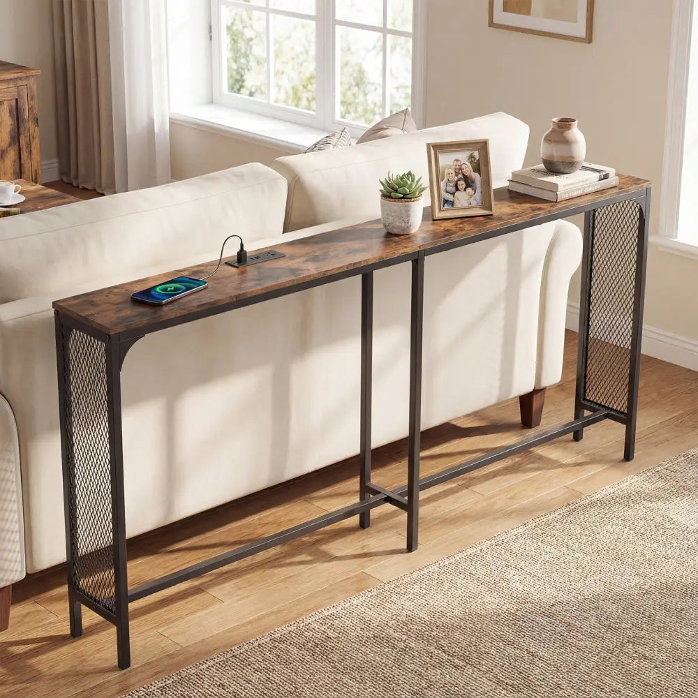 71 Inch Narrow Console Table with Power Outlet for Small Space-Rustic Brown - Rustic Brown - Console Tables