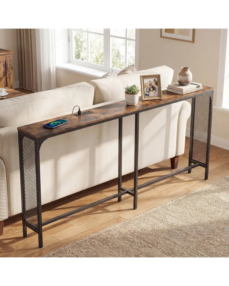 71 Inch Narrow Console Table with Power Outlet for Small Space-Rustic Brown - Rustic Brown - Console Tables