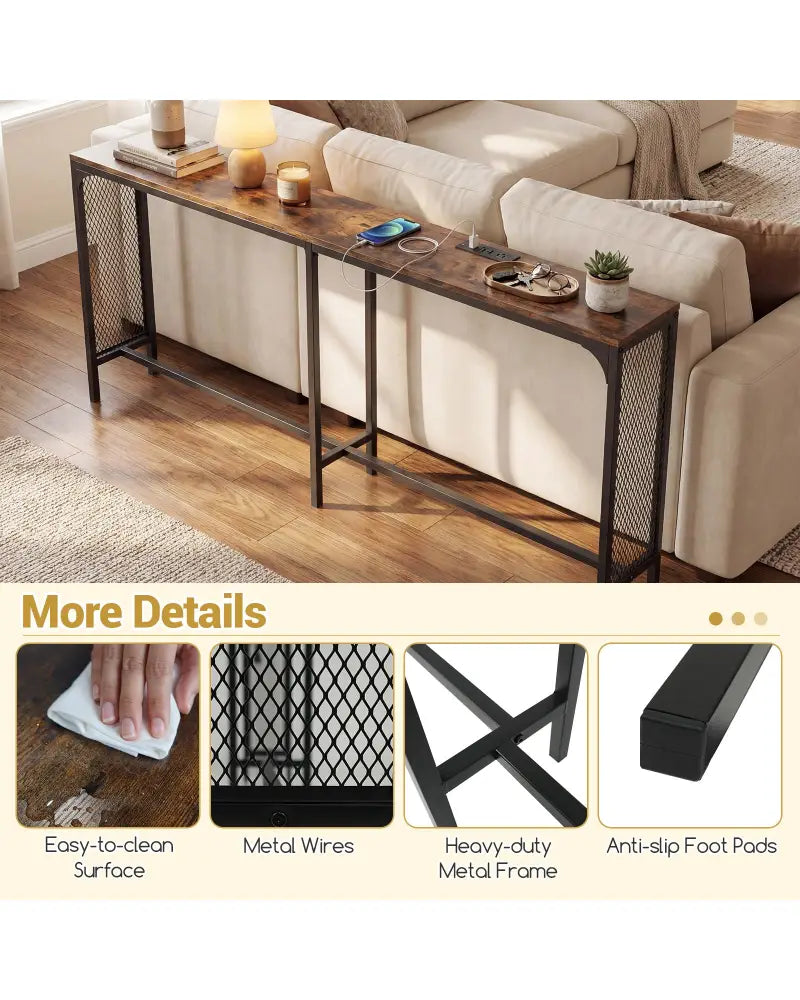 71 Inch Narrow Console Table with Power Outlet for Small Space-Rustic Brown - Rustic Brown - Console Tables