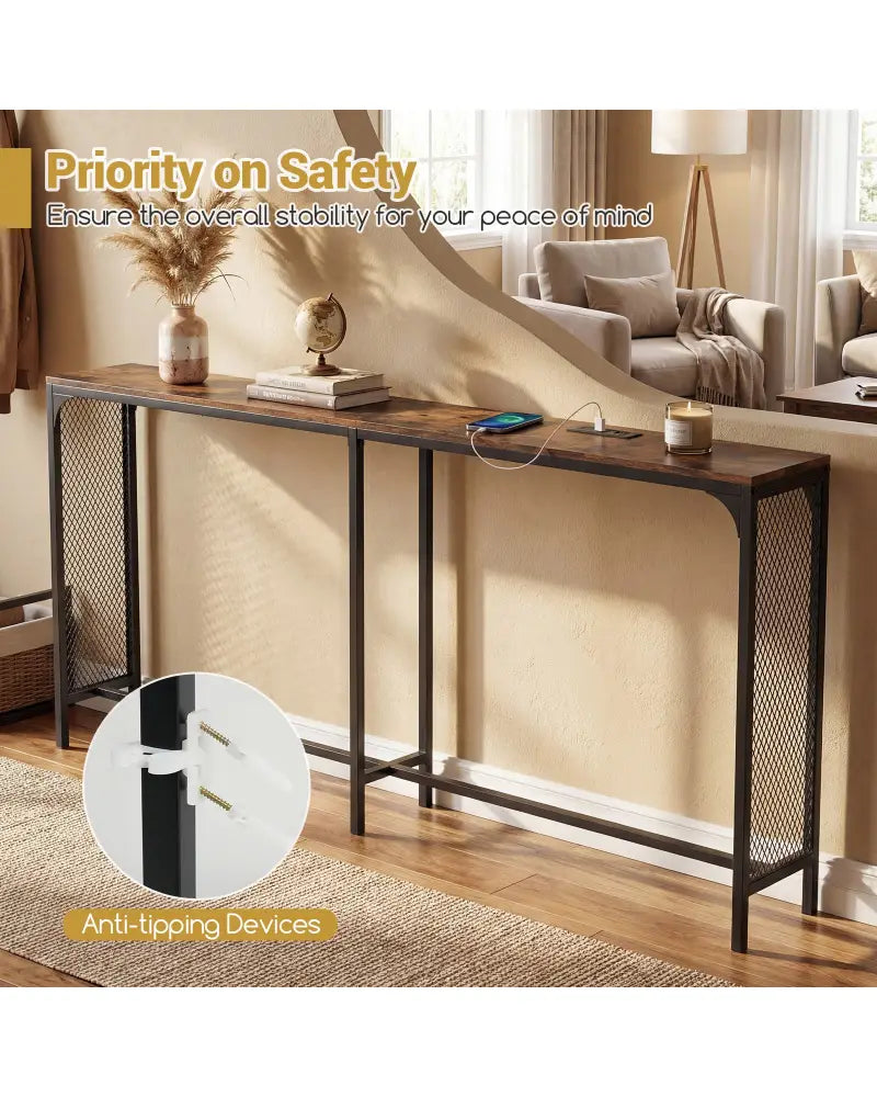 71 Inch Narrow Console Table with Power Outlet for Small Space-Rustic Brown - Rustic Brown - Console Tables