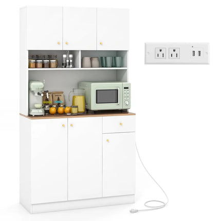 71 Inch Tall Pantry Cabinet with Outlets for Dining Room-White - White - Sideboards Cabinets & Buffets