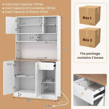 71 Inch Tall Pantry Cabinet with Outlets for Dining Room-White - White - Sideboards Cabinets & Buffets