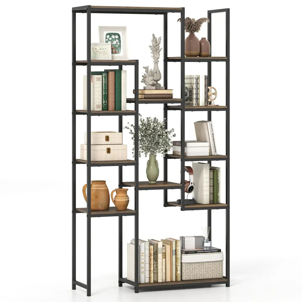 71 Inch Tall Vintage Geometric Bookshelf 12 Open Shelves-Walnut - Walnut - Bookcases