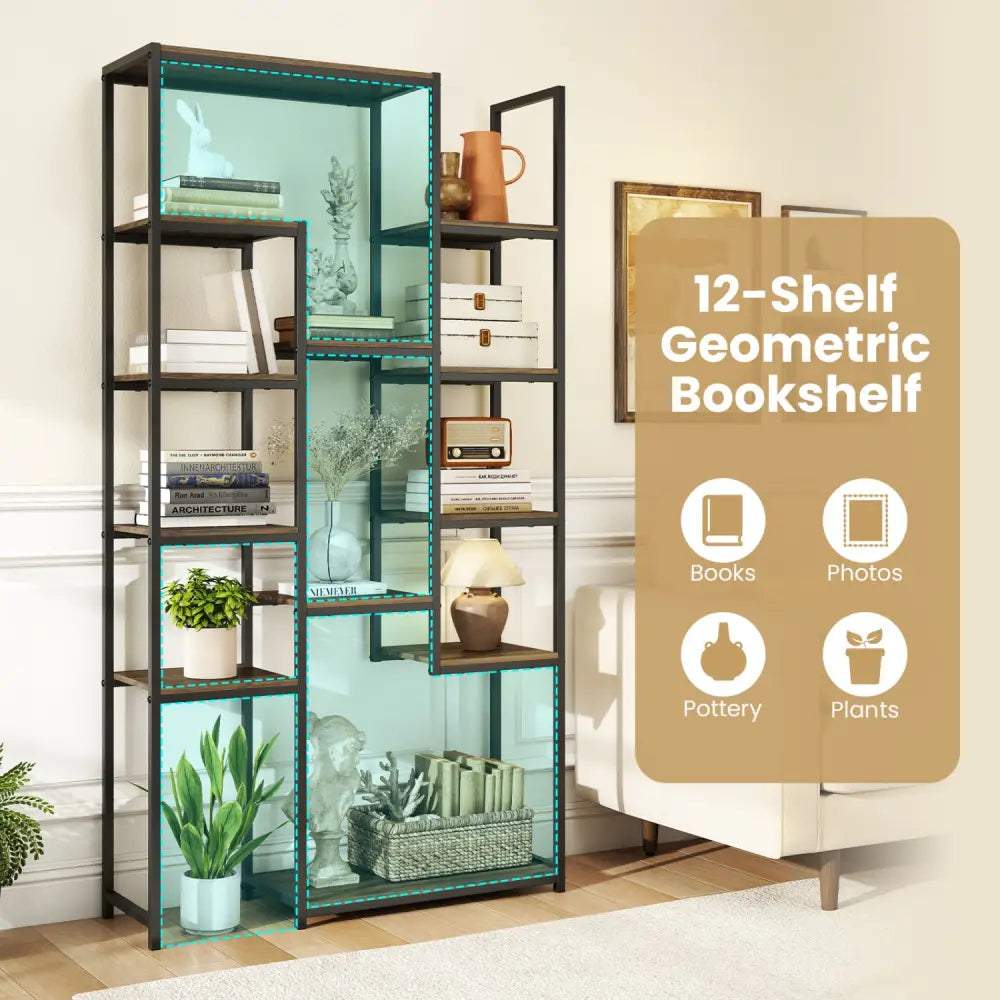 71 Inch Tall Vintage Geometric Bookshelf 12 Open Shelves-Walnut - Walnut - Bookcases