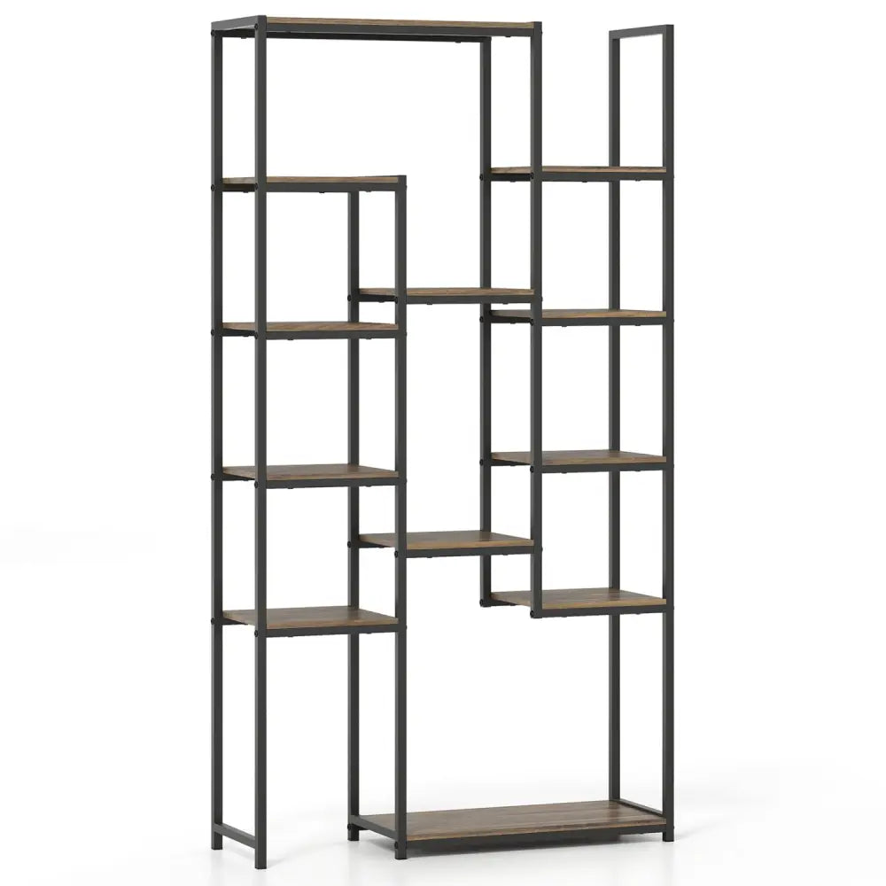 71 Inch Tall Vintage Geometric Bookshelf 12 Open Shelves-Walnut - Walnut - Bookcases