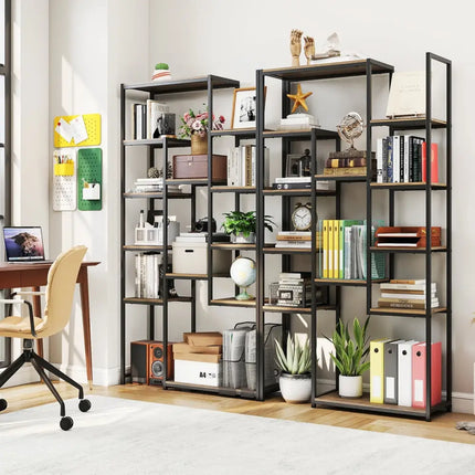 71 Inch Tall Vintage Geometric Bookshelf 12 Open Shelves-Walnut - Walnut - Bookcases