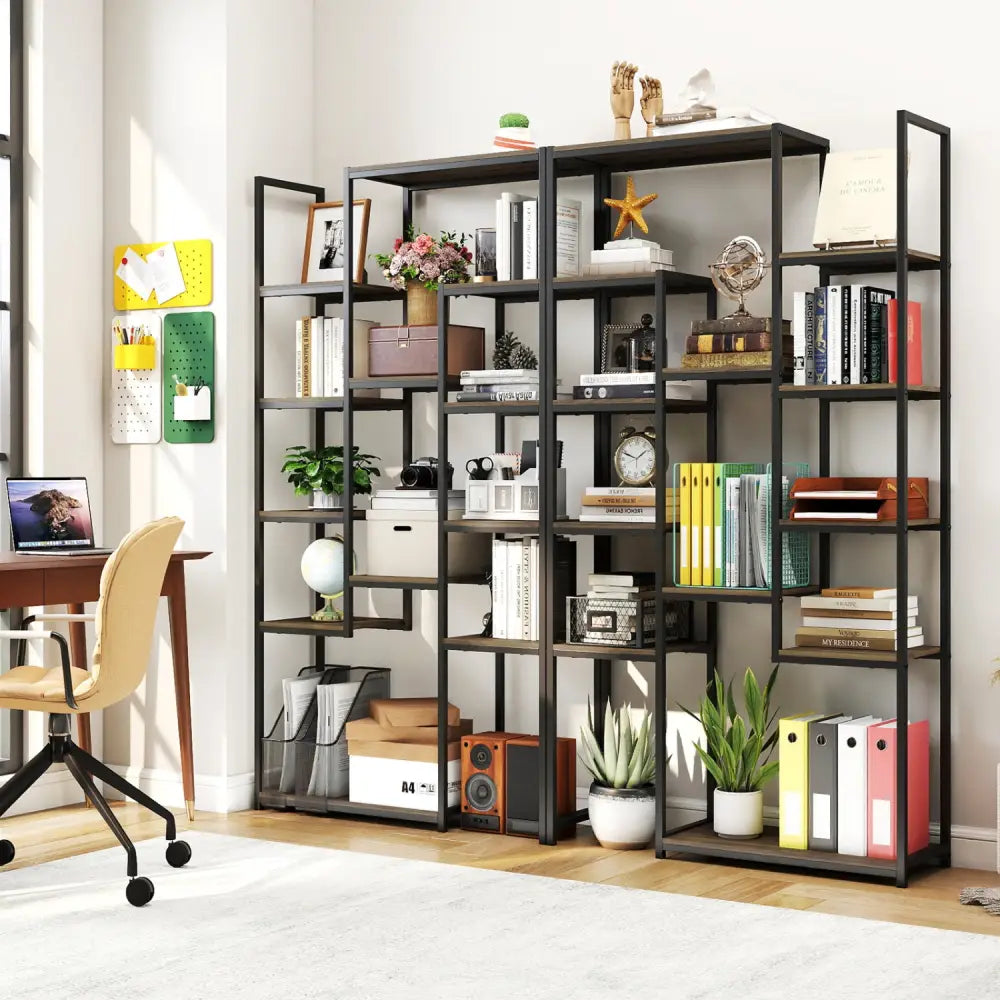 71 Inch Tall Vintage Geometric Bookshelf 12 Open Shelves-Walnut - Walnut - Bookcases
