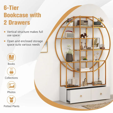 71 Inches 6-Tier Gold Bookshelf with 2 Storage Drawers-Golden - Golden - Bookcases