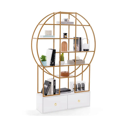 71 Inches 6-Tier Gold Bookshelf with 2 Storage Drawers-Golden - Golden - Bookcases