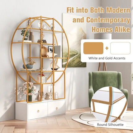 71 Inches 6-Tier Gold Bookshelf with 2 Storage Drawers-Golden - Golden - Bookcases
