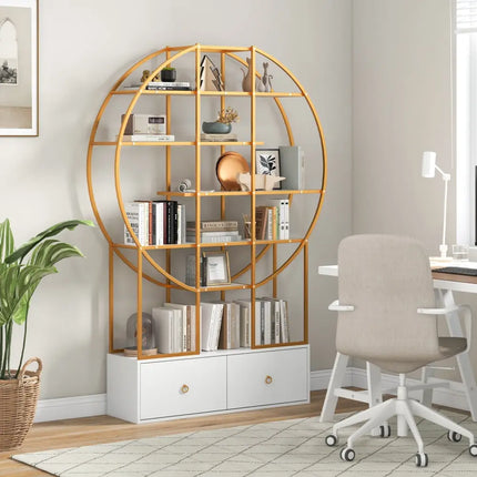 71 Inches 6-Tier Gold Bookshelf with 2 Storage Drawers-Golden - Golden - Bookcases