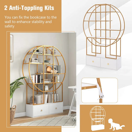71 Inches 6-Tier Gold Bookshelf with 2 Storage Drawers-Golden - Golden - Bookcases
