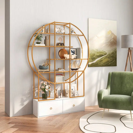 71 Inches 6-Tier Gold Bookshelf with 2 Storage Drawers-Golden - Golden - Bookcases