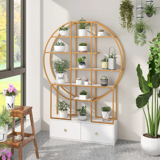 71 Inches 6-Tier Gold Bookshelf with 2 Storage Drawers-Golden - Golden - Bookcases