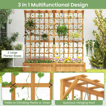 71 Inches Large Wooden Planter Container with Trellis and Hanging Roof-Orange - Orange - Raised Garden Beds