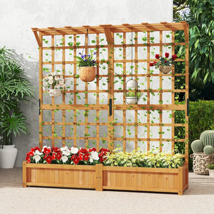 71 Inches Large Wooden Planter Container with Trellis and Hanging Roof-Orange - Orange - Raised Garden Beds