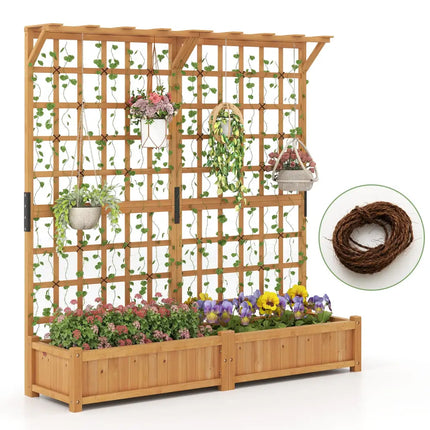 71 Inches Large Wooden Planter Container with Trellis and Hanging Roof-Orange - Orange - Raised Garden Beds
