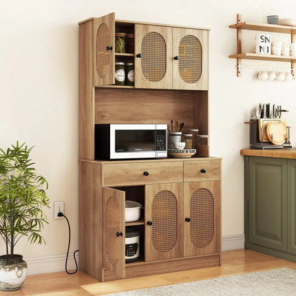 71 Inches Pantry Cabinet with Hutch and Charging Station-Natural - Natural - Sideboards Cabinets & Buffets