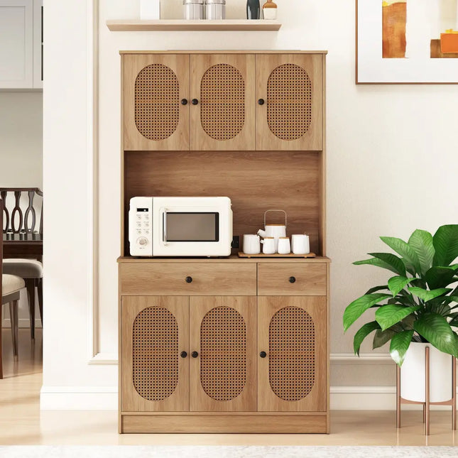 71 Inches Pantry Cabinet with Hutch and Charging Station-Natural - Natural - Sideboards Cabinets & Buffets