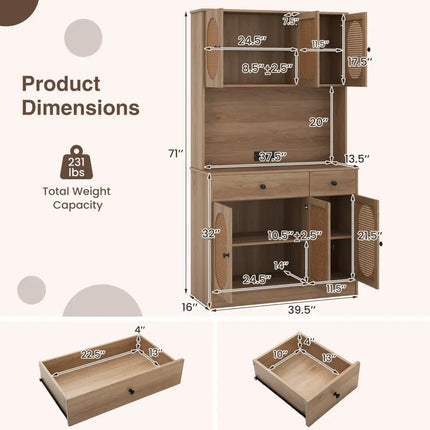 71 Inches Pantry Cabinet with Hutch and Charging Station-Natural - Natural - Sideboards Cabinets & Buffets