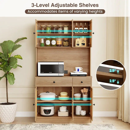 71 Inches Pantry Cabinet with Hutch and Charging Station-Natural - Natural - Sideboards Cabinets & Buffets