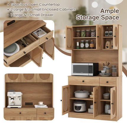 71 Inches Pantry Cabinet with Hutch and Charging Station-Natural - Natural - Sideboards Cabinets & Buffets