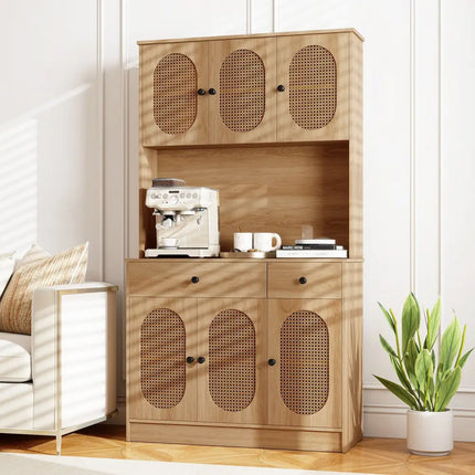 71 Inches Pantry Cabinet with Hutch and Charging Station-Natural - Natural - Sideboards Cabinets & Buffets