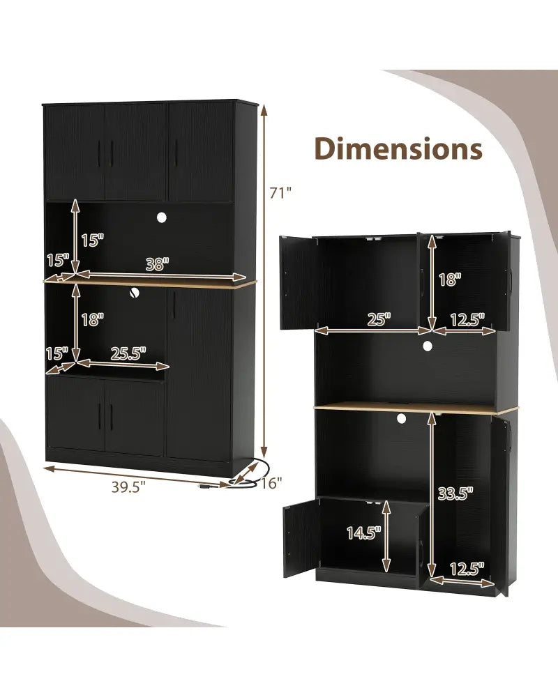 71’’ Tall Kitchen Pantry Cabinet with Charging Station Wooden Buffet Cupboard Sideboard-Black - Black - Sideboards