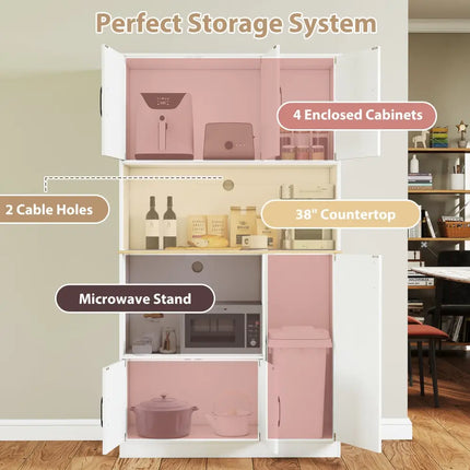 71’’ Tall Kitchen Pantry Cabinet with Charging Station Wooden Buffet Cupboard Sideboard-White - White - Sideboards