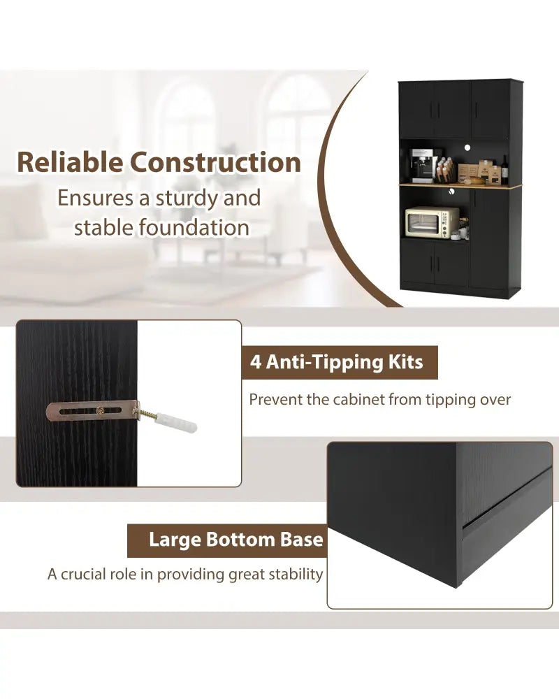 71’’ Tall Kitchen Pantry Cabinet with Charging Station Wooden Buffet Cupboard Sideboard-Black - Black - Sideboards
