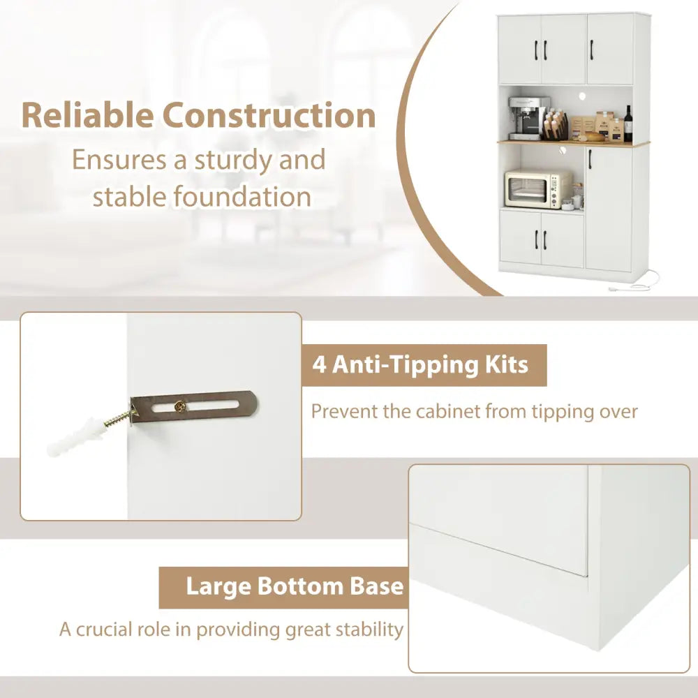 71’’ Tall Kitchen Pantry Cabinet with Charging Station Wooden Buffet Cupboard Sideboard-White - White - Sideboards