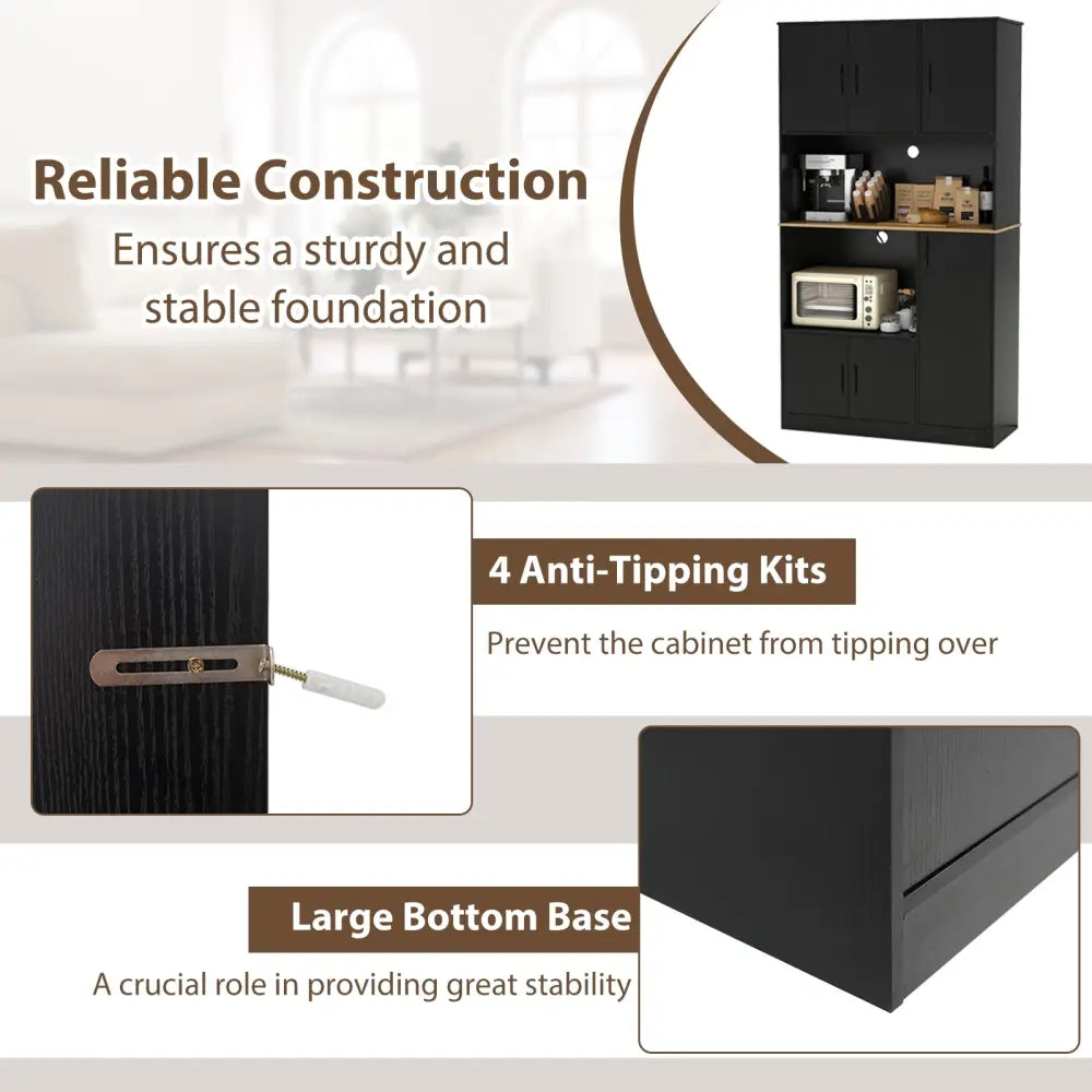 71’’ Tall Kitchen Pantry Cabinet with Charging Station Wooden Buffet Cupboard Sideboard-Black - Black - Sideboards