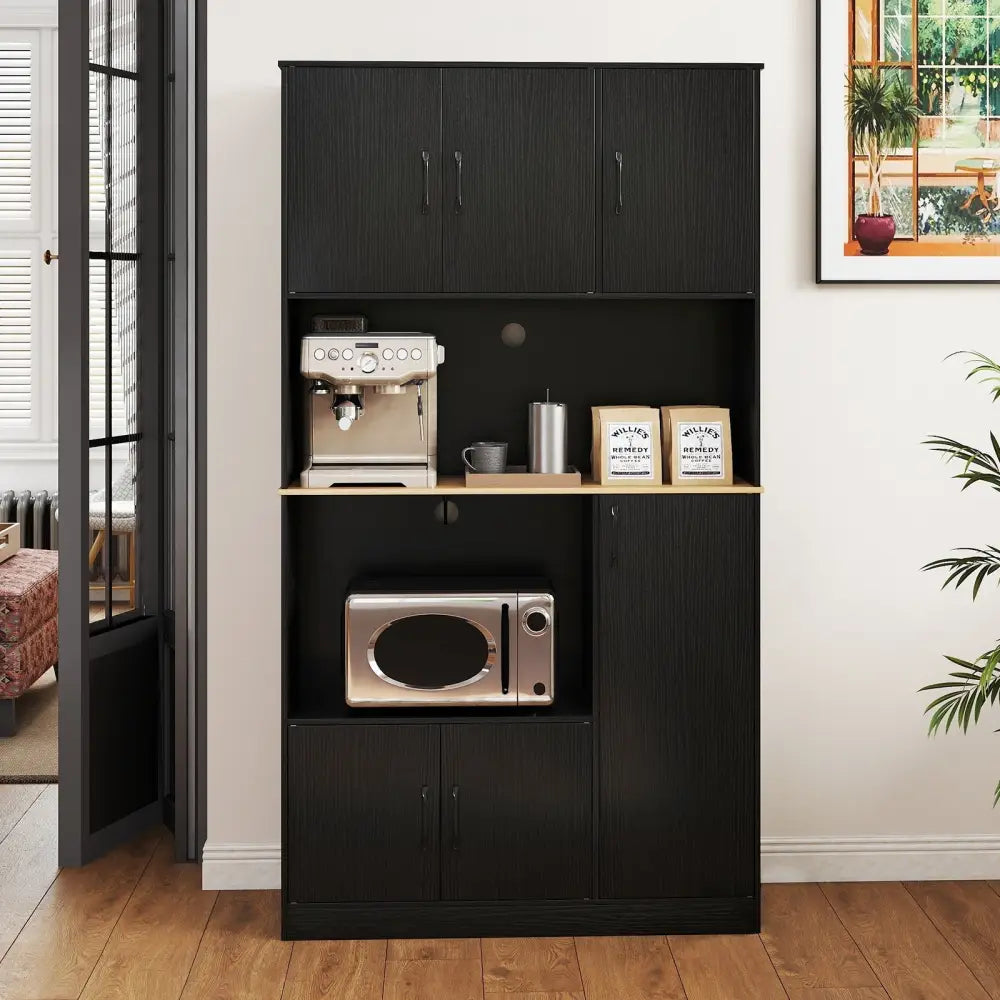 71’’ Tall Kitchen Pantry Cabinet with Charging Station Wooden Buffet Cupboard Sideboard-Black - Black - Sideboards
