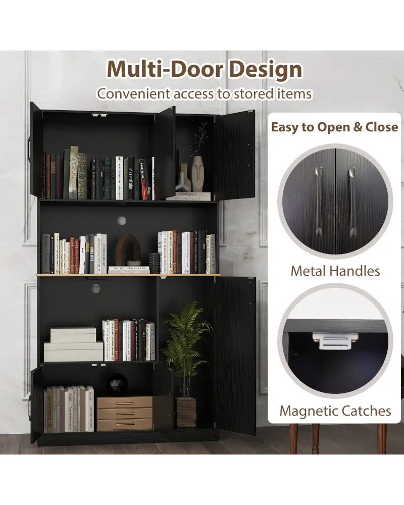 71’’ Tall Kitchen Pantry Cabinet with Charging Station Wooden Buffet Cupboard Sideboard-Black - Black - Sideboards