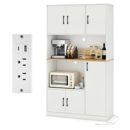 71’’ Tall Kitchen Pantry Cabinet with Charging Station Wooden Buffet Cupboard Sideboard-White - White - Sideboards
