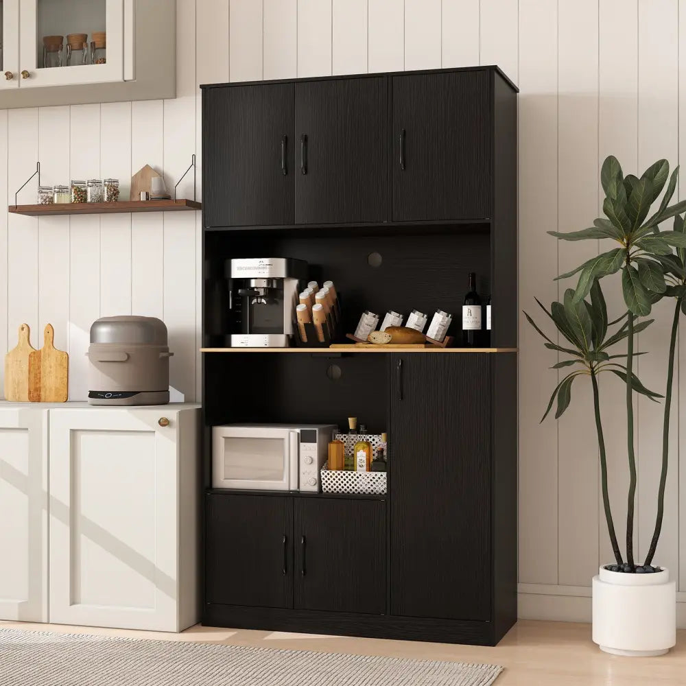 71’’ Tall Kitchen Pantry Cabinet with Charging Station Wooden Buffet Cupboard Sideboard-Black - Black - Sideboards