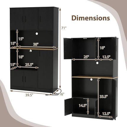 71’’ Tall Kitchen Pantry Cabinet with Charging Station Wooden Buffet Cupboard Sideboard-Black - Black - Sideboards