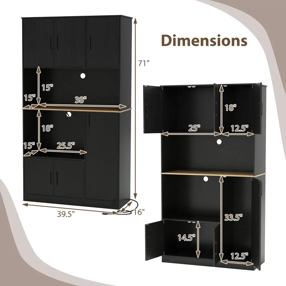 71’’ Tall Kitchen Pantry Cabinet with Charging Station Wooden Buffet Cupboard Sideboard-Black - Black - Sideboards