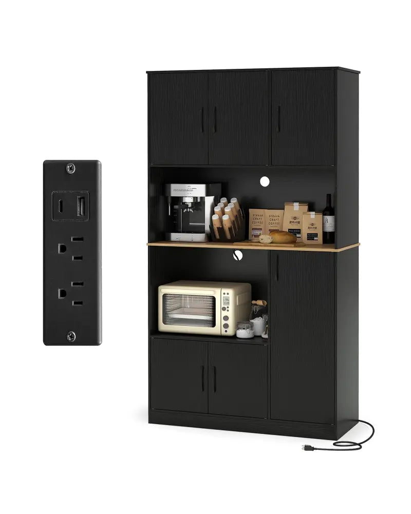 71’’ Tall Kitchen Pantry Cabinet with Charging Station Wooden Buffet Cupboard Sideboard-Black - Black - Sideboards